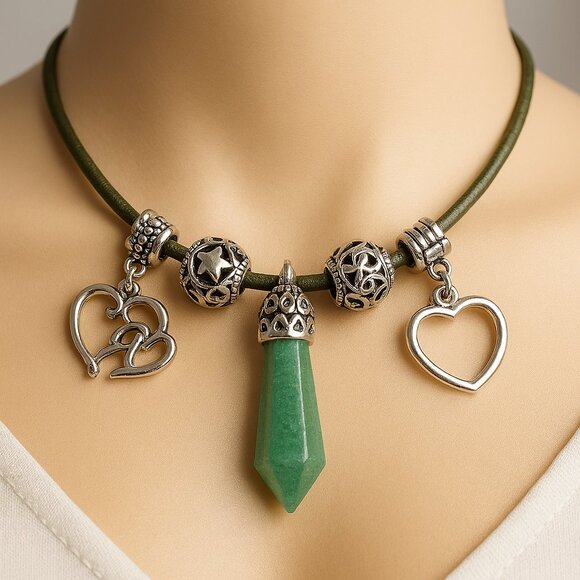 Silver Green Crystal Point Pendant Necklace w/ Charms & Beaded Fashion Jewelry - Picture 1 of 7